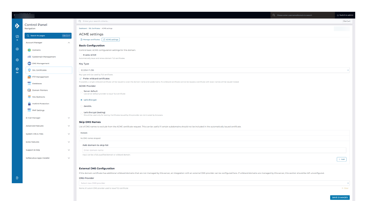 DirectAdmin ACME settings page showing Enable ACME checkbox, Key Type, ACME Provider options, Skip DNS Names, and External DNS Configuration
